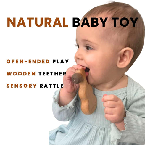 HIPPO TOYS Set 0-12 Natural Wooden Teether & Rattle for Babies Months | Montessori Sensory Toys | Plastic-Free