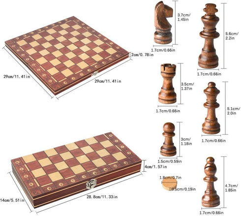 3-in-1 Chess Backgammon Checkers Set - 11 inch Wooden Board Game with Folding Carrying Case for Travel