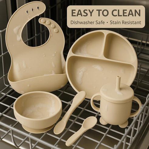 Generic Set, Baby Feeding Silicone Suction Bowl, Spoon, Cup and Bib, BPA-Free Baby Essentials (Beige)