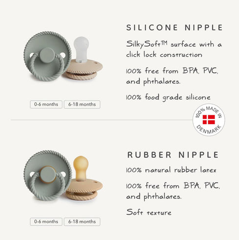 FRIGG 6-18 Rope Natural Rubber Baby Pacifier | Made in Denmark | BPA-Free (Olive/Sage, Months)