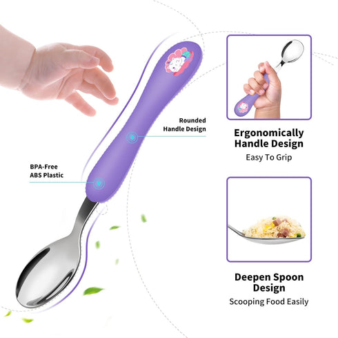 Lehoo Castle Toddler Fork and Spoon Set, 6pcs Safety Stainless Steel Utensils, Light Purple & Blue for Kids