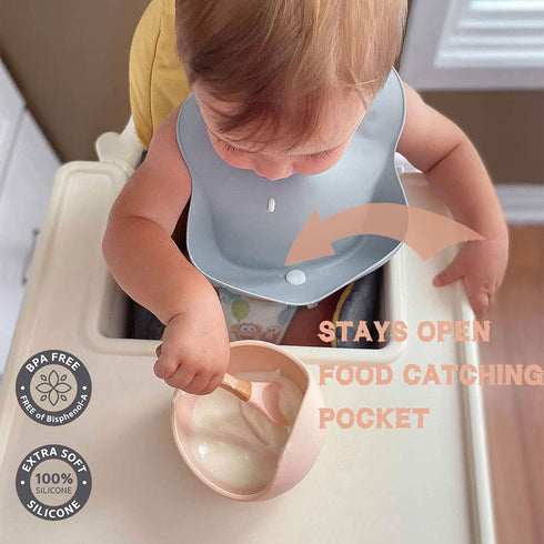 Ginbear Silicone Bibs for Babies, Waterproof Feeding Bibs with Food Catcher Pocket, Adjustable for Toddlers (Dark