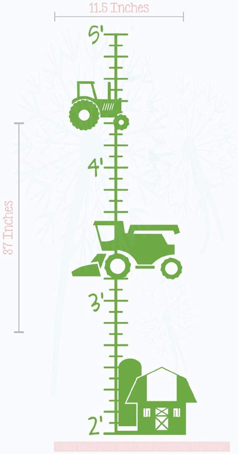 Farm Tractor Growth Chart Vinyl Height Ruler - Boy Bedroom Décor Wall Decals in Lime Green