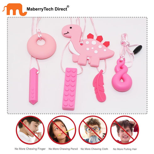 Chew Necklace for Sensory Kids, 5 Pack Chewy Necklace Sensory Chew Toys for Autistic Children, Silicone Pink Dinosaur