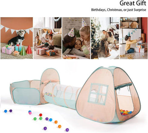 UTEX 3 in 1 Pop Up Kids Play Tent with Tunnel and Ball Pit, Indoor/Outdoor Playhouse, Orange Pink/Light Green