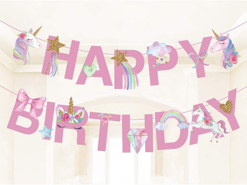 CC HOME Unicorn Happy Birthday Banner/Unicorn Party Supplies for Kids Birthday Party Decoration, Pink