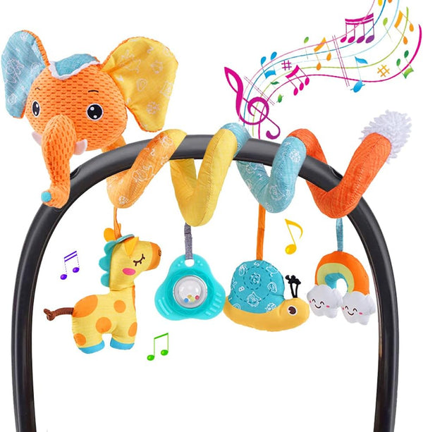 Car Seat Hanging Toys - Baby Spiral Activity Plush Stroller Toys with Music Box, Rattles for Infants 0-12 Months.