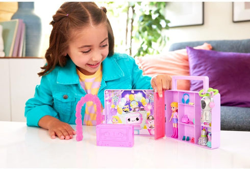 Polly Pocket Doll & Playset, Disco Dance Fashion Reveal Unboxing Travel Toy with 3-inch Hoodie Buddy Doll, 16 Accessories & Surprise Water Play