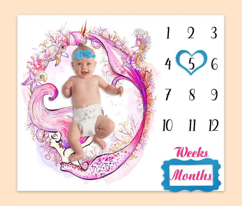 Monthly Milestone Blanket for Baby Girl, Pink Mermaid Watercolor Starfish Seahorse Turtle Seashell Pink Growth Chart Blanket for Pictures, 48"x40" Newborn 1-12 Months with Markers BTLSPH783 by PHMOJEN