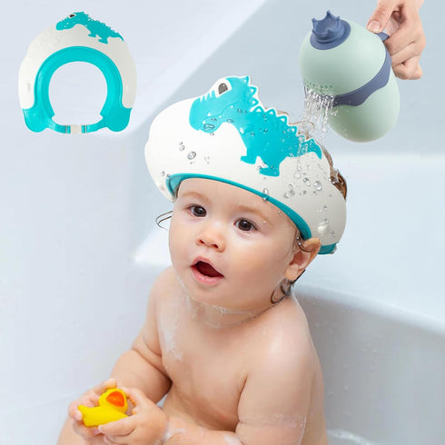 FUNUPUP Baby Shower Cap with Bath Rinse Cup, Adjustable Toddler Hair Washing Shield Hat (Dinosaur Blue)
