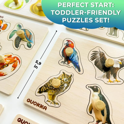 QUOKKA Wooden Puzzles for Toddlers 1-3 - 4 Set Animal and Birds Pegged Learning Toy for Kids Gift
