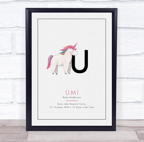 The Card Zoo New Baby Birth Details Christening Nursery Initial Unicorn U Keepsake Gift Print