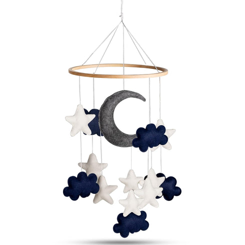 Baby Mobile for Crib - Blue Moon, Stars, and White Clouds Handmade