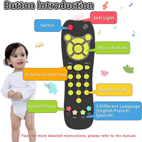 Baby TV Remote Toy, Toddlers Remote Control Toy Kids Realistic Play Remote Early Educational Baby Musical Toys with Light and Sound English French Spanish for Infant Boys Girls 6 Month+, Black