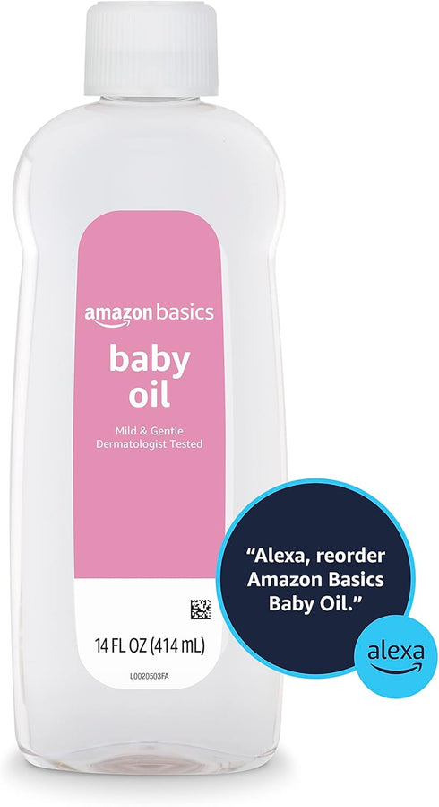 14 oz, 4-Pack Amazon Basics Baby Oil, Mild & Gentle, Dermatologist Tested, Prevents Moisture Loss, Dry Skin Relief, fl