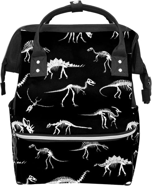 Black And White Dinosaur Skeleton Diaper Bag Travel Backpack Large Capacity Multi-Function
