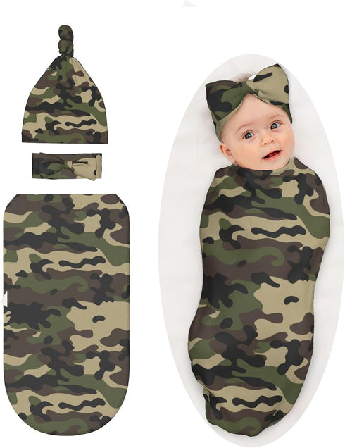 Sozzjile Camo Baby Stuff Swaddle Blanket with Headband and Beanie Set, Newborn Swaddle