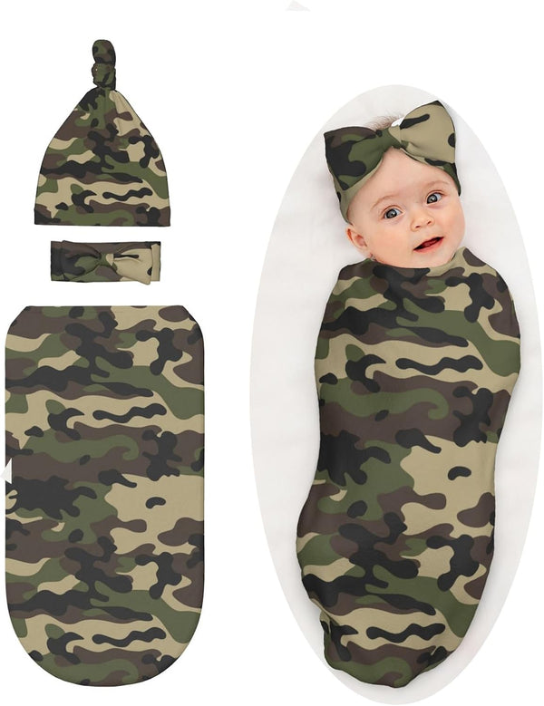 Sozzjile Camo Baby Stuff Swaddle Blanket with Headband and Beanie Set, Newborn Swaddle