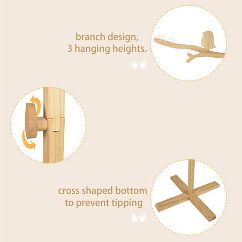 Floor Standing Wooden Baby Crib Mobile Arm Natural Wooden Mobile Stand for Crib,Wood Crib Arm with Bird Design