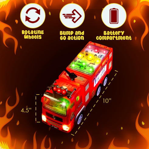 Zetz Brands Fire Truck Toy for Kids, 4D LED Lights, Bump & Go Fire Engine with Siren Sound, Ideal Birthday Gift