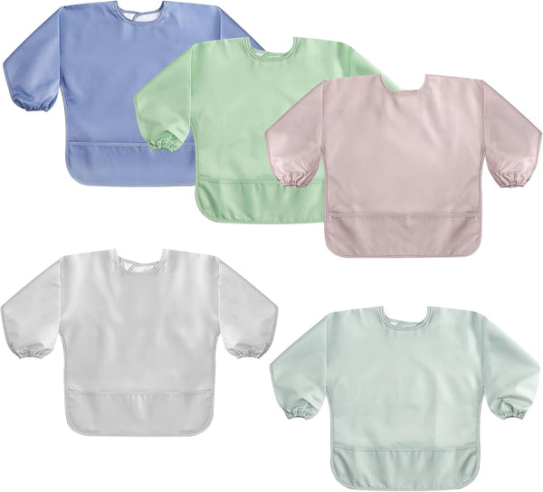 POIKSHARK 4 Pack Long Sleeve Bib, Reusable Bib with Catch-all Pocket