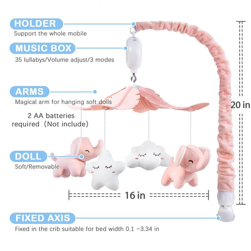 3 35 Packaging FEISIKE Crib Mobile for Girls Baby Mobiles with Modes Digital Music BoxTurn Only, Music Only, Turn