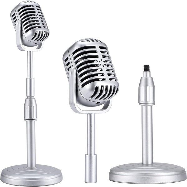 Facmogu Vintage Microphone Prop Model with Adjustable Stand, Classic Retro Style Decor for Party & Game Night - Silver