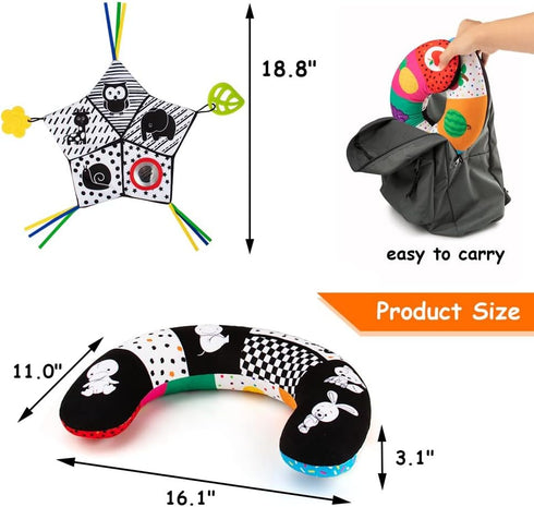 teytoy Tummy Time Pillow with Crinkle Mat & Teethers, Black and White High Contrast Baby Toys for Infant Newborn