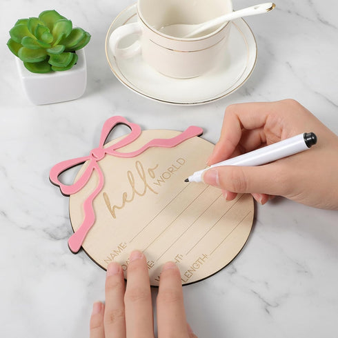 Lusofie Baby Name Announcement Sign - Wooden Hello World Newborn Sign - Pink Bow Nursery Decor Welcome to the World