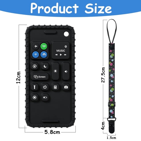 Silicone Baby Teething Toys, Cell Phone Teether Toys with Pacifier Clip, Baby Teething Toys for 0-12 Months, Baby Phone Chew Toys BPA Free/Freezable/Dishwasher and Refrigerator Safe(Black)