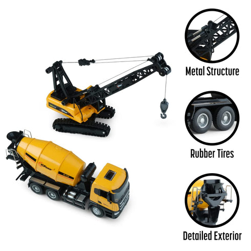 Diecast Metal Construction Trucks Models Set of 2 - Heavy Metal Toy Cement Truck and Construction Crane 1:50 Scale -