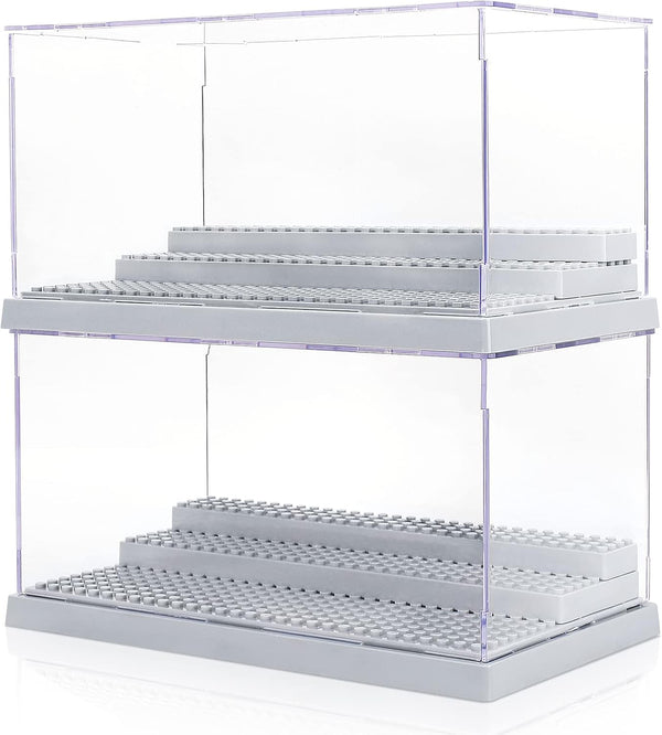 Mlikero 2 Pack Display Case for Minifigures - Clear Dustproof Acrylic Storage Box with 3 Movable Steps, Gray