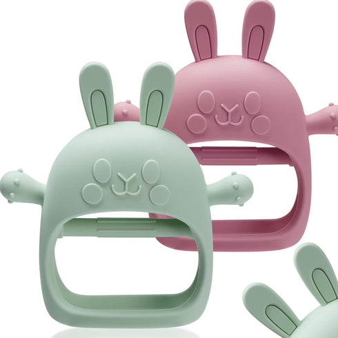 2 Packs Bunny Teething Toys for Babies 0-6 Months, 100% Food-Grade Silicone Teething Mitten, BPA Free, Red & Green