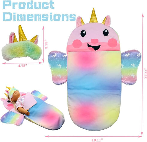 Baby Doll Sleeping Bag Toy Playset - Rainbow Unicorn Doll Bedding Accessories with Eye Mask