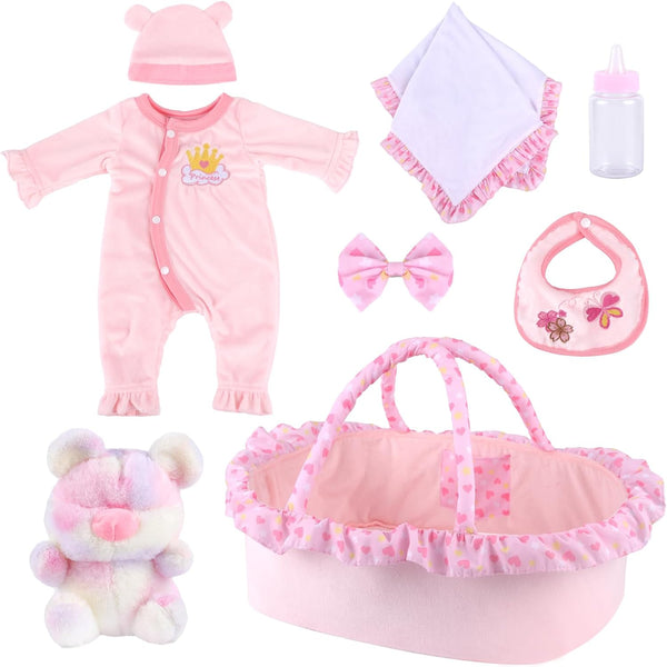 BABESIDE 8 Pcs Reborn Baby Doll Clothes with Bassinet for 17-22 Inch Dolls, Accessories for Newborn Baby Doll Girl