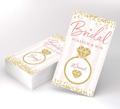 Printed Party Bridal Shower Games - 30 Scratch Off Raffle Cards & Stickers, Fun Pink and Gold Design