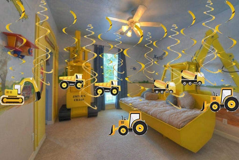 30PCS Construction Hanging Swirls Decorations for Birthday Party, Baby Shower, Car Excavator Bulldozer Ceiling Decor