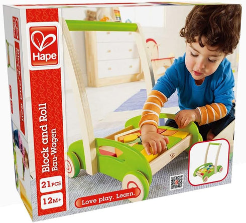 Hape Block and Roll Cart, Toddler Wooden Push and Pull Toy, Multicolored, L: 13.9, W: 11.1, H: 16.1 inch