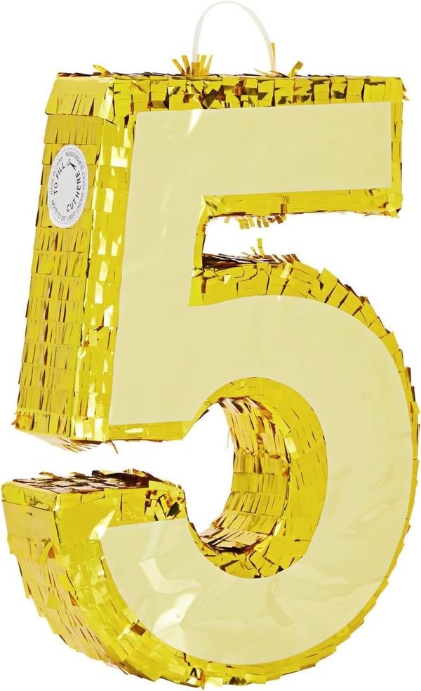 Gold Foil Number 5 Pinata for 5th Birthday Party Decorations, Centerpieces, Anniversary Celebrations (Small, 15.5 x