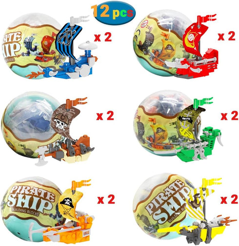 WODMAZ 12PCS Set PreFilled Easter Eggs with Pirate Ship Building Blocks, Surprise Eggs Filled Pirate Ship Toys