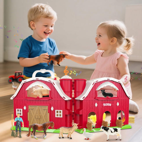 1-3, Playset 2 3 4 5 Red Barn Toys for Toddlers Farm Animal Figures with Tractor for Year Old Kids, Musical Preschool