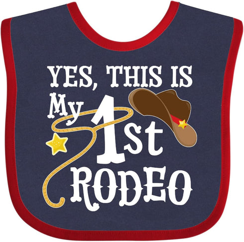 inktastic Yes, This Is My 1st Rodeo Baby Bib - Cowboy Hat with Red Band, Lasso Design