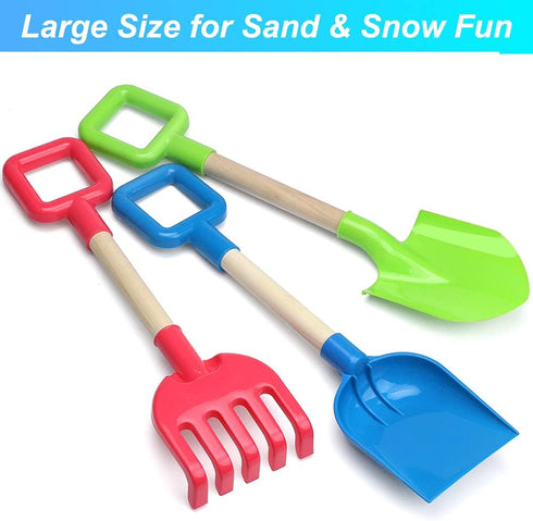 Jumbo Beach Shovels Rake Spade Toys Set for Kids, 16" Long Wooden Handle ABS Plastic Sand Scoop, 3 Pack Gardening Tool