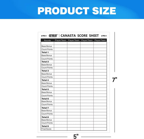 GSE 100-Pack 7" x 5" Canasta Score Pads with Game Instructions for Classic Canasta