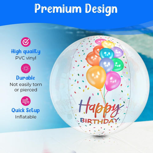 20" Clear Inflatable Beach Ball for Pool Birthday Party, Happy Birthday Decorations and Outdoor Fun Games