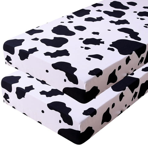 Soft Skin-friendly Printed Crib Sheet for Boys Girls, 2 Pack Fitted Crib Mattress Sheet (White Cow)