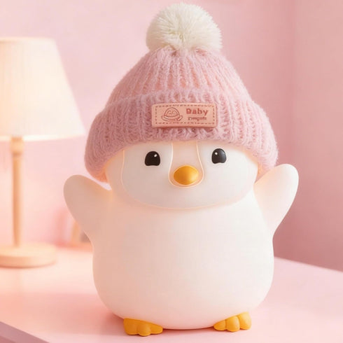 Rechargeable/Dimmable/Timer,LED FAMIDUO Penguin Night Light, Cute Pink Penguin Lamp with Knit Hat, Soft Silicone