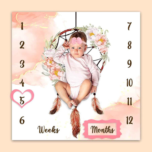 Boho Baby Monthly Milestone Blanket, Dream Catcher Feather Flower Design, Newborns 1 to 12 Months Unisex with 4 Frames