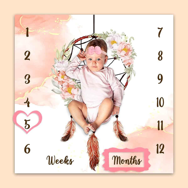Boho Baby Monthly Milestone Blanket, Dream Catcher Feather Flower Design, Newborns 1 to 12 Months Unisex with 4 Frames