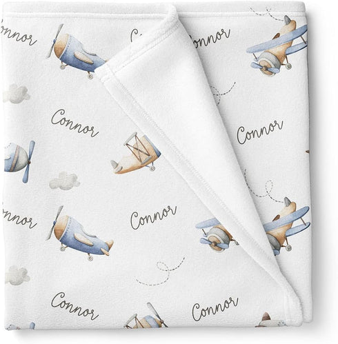 Stork Wares Retro Airplanes Personalized Baby Boy Swaddle Blanket, White, 30x40inch (BB343)
